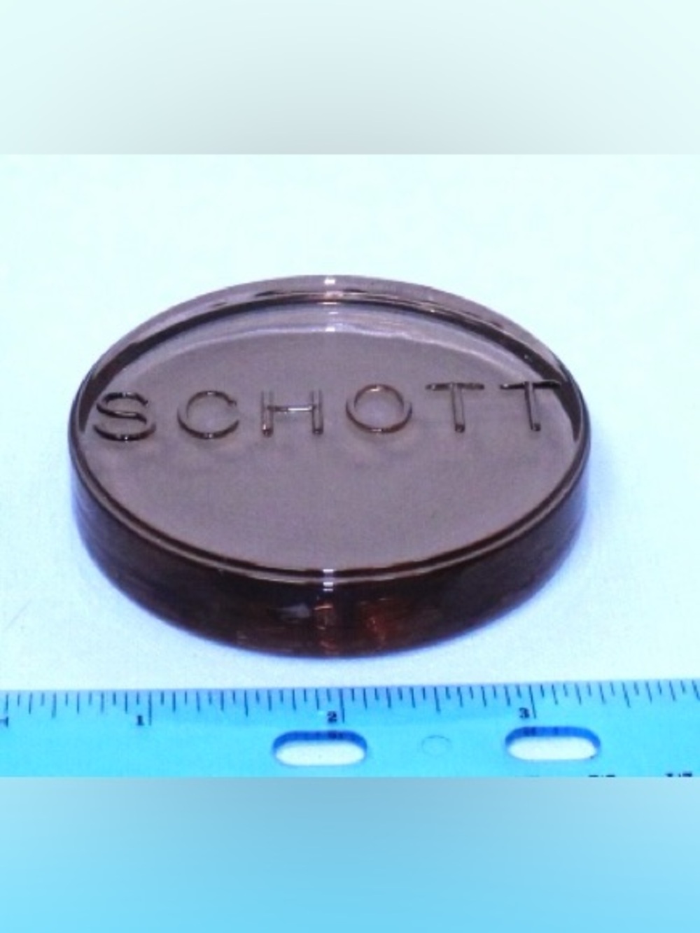 VNT COLLECTABLE SCHOTT Puck PINK-Tinted Glass Paperweight with Embossed Logo